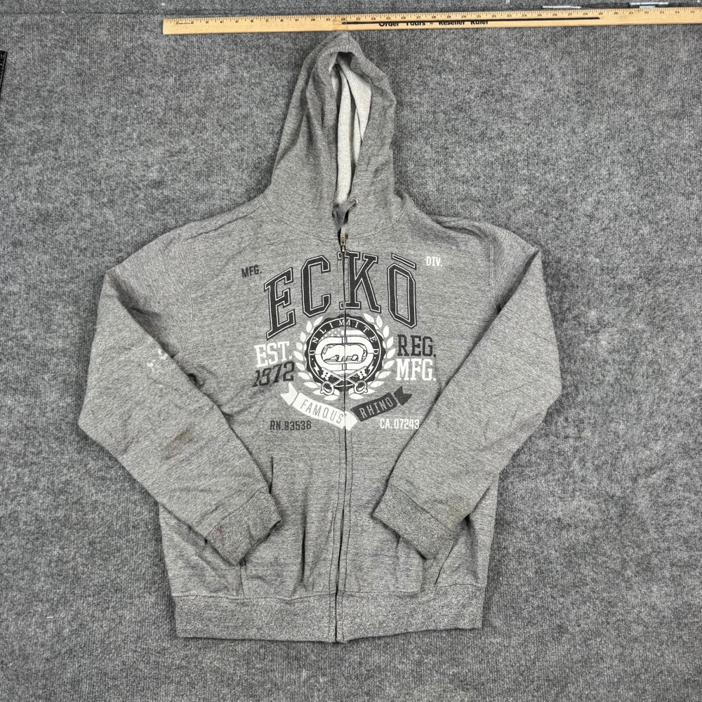Ecko Unltd Hoodie Mens Size M Gray Graphic Full Zip Streetwear Fair Condition